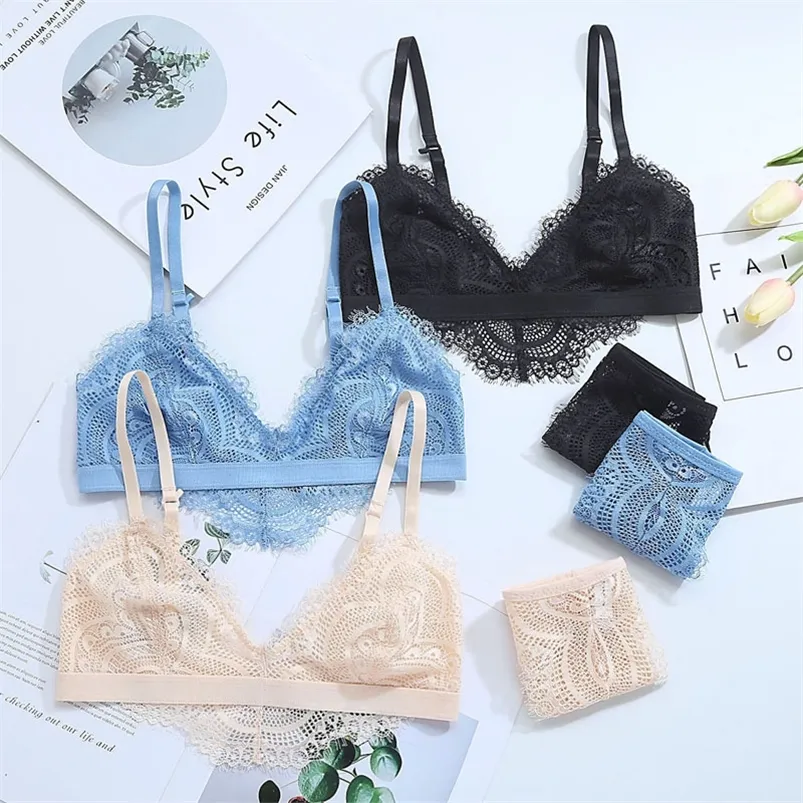 Dantel Bralette Linehined Yumuşak Güzel Güzellik Arka Sütyenleri Görmek Yüksek Kesilmiş Pantie Briefs Kadın iç çamaşırı takım elbise Ropa İç Femenina Y200708