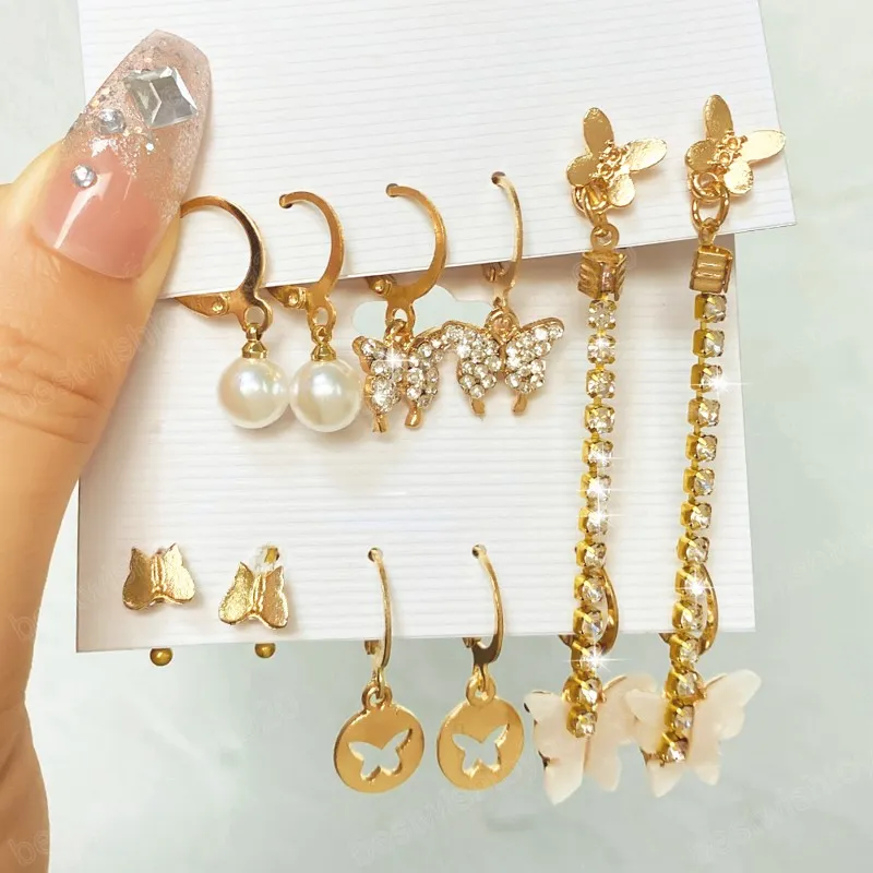 Fashion Gold Color Metal Butterfly Earrings Set for Women Crystal Tassel Acrylic Hollow Dangle Earrings Charm Jewelry Gift