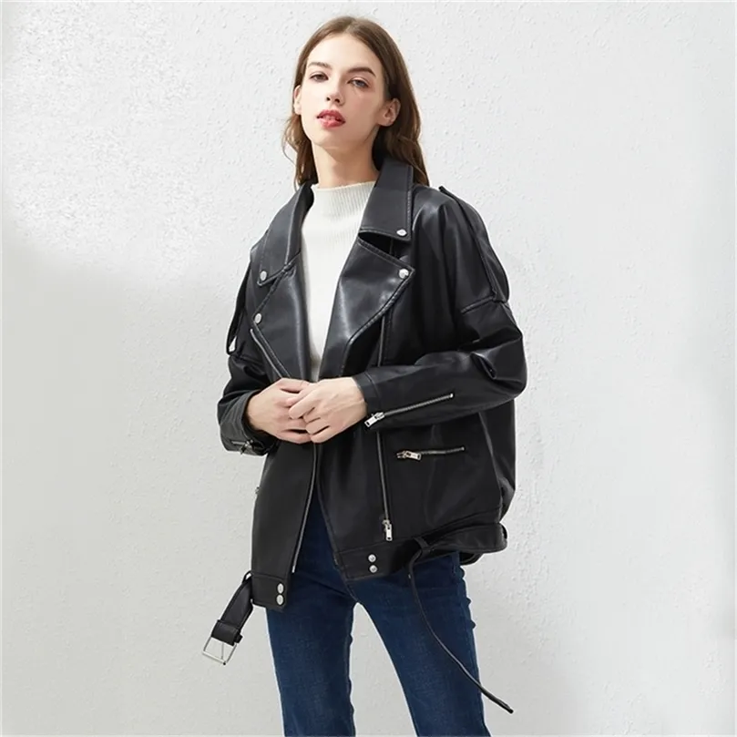 Jaqueta de couro Fitaylor Pu Faux Mulheres Sashes Loose Casual Biker Jackets Outwear Tops BF estilo de couro preto casaco de couro preto 201214