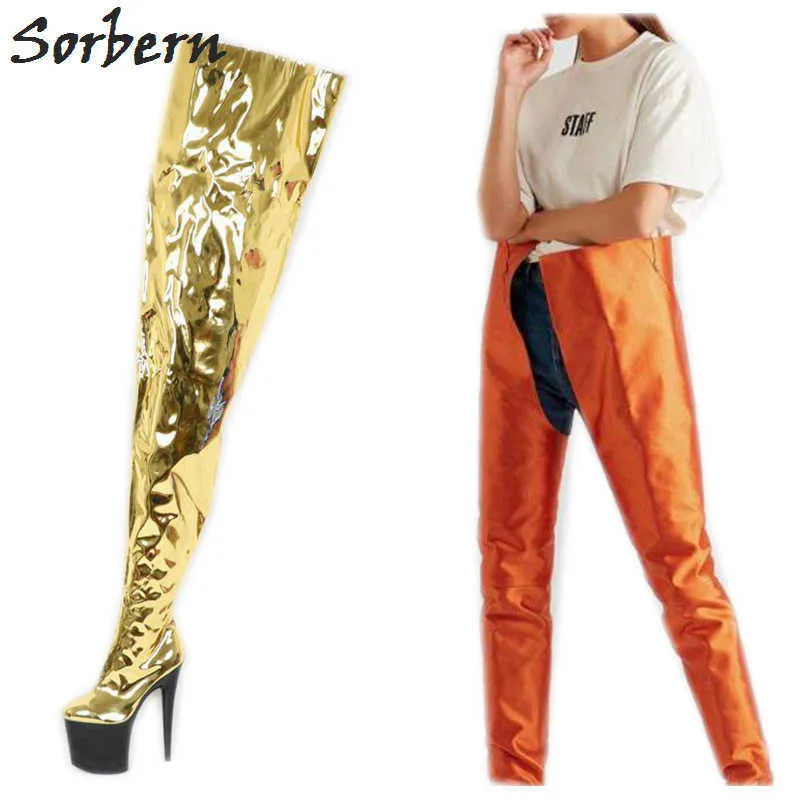 Sorbern Metallic Gold High Low Women Boots 20cm High Heels 10cm Platform Crotch Lår Ladies Boot Custom Color Shaft Bredd