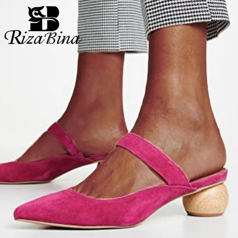 Rizabina Summer Women Slippers pekade Toe Flock Strange häl