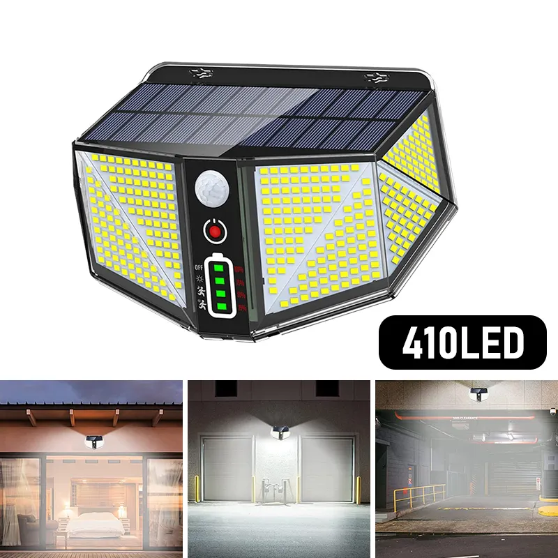 410 LED Super Super Bright Outdoor Solar Lamp 3 Order Motion Motion Motion Motion Intruction حديقة الضوء 3000 مللي أمبير في الساعة