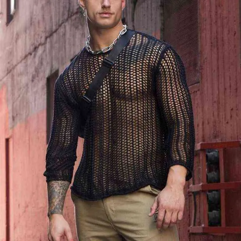 Men's Black Fancy Mesh See-through Tops Shirts Long Sleeve Sheer