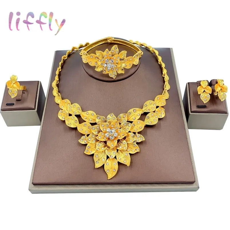 Liffly Bridal Dubai Jewelry Sets Nigerian Wedding Fashion Gold Ожерелье для женщин Африканские костюмы набор костюмов оптом 220812