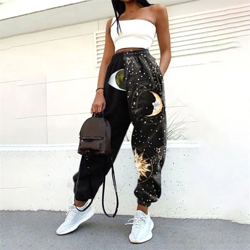 Wide Leg Pant High Waist Sweatpants Autumn Sportwear Ladies Casual Sun and Moon Print Loose Bottoms Pant Trousers 220325