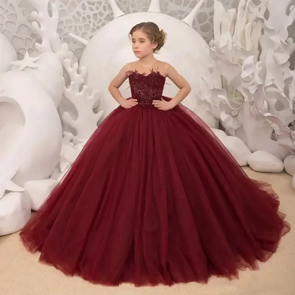 Burgundy Flower Girl Dresses 2023 First Holy Communion Dresses For Girls Ball Gown Wedding Party Dress Kids Evening Prom Dress BC12806 GJ0318