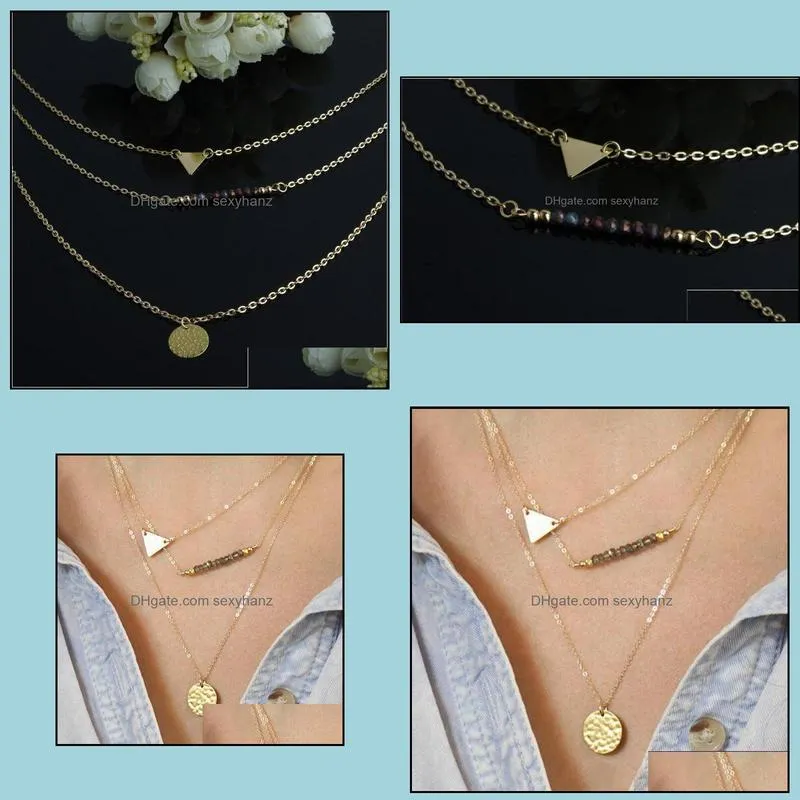 necklace chain fashion Women Bohemia Imitation Crystal 3-layer Gold Plated Alloy Triangle/Sequin Clavicle Chain Chokers Necklaces