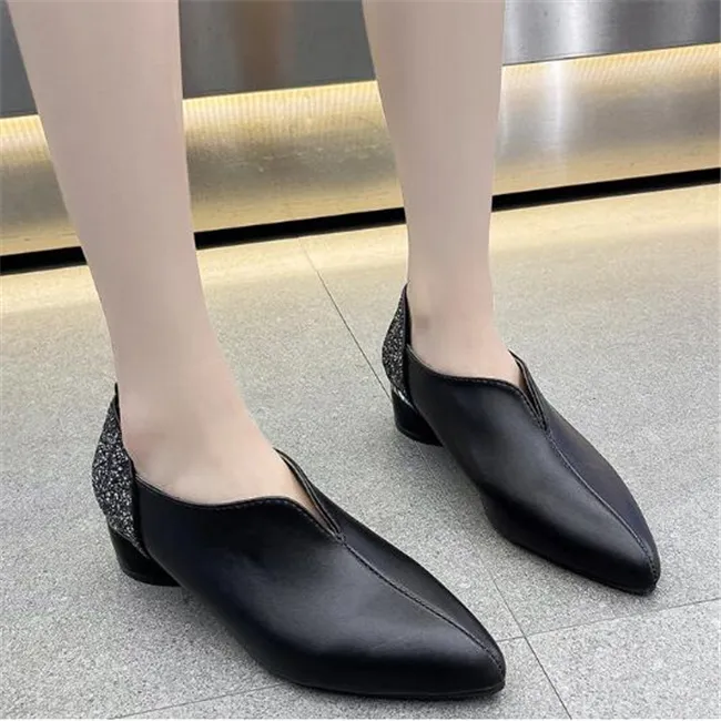 Yeni Stil Bahar Sonbahar Ayakkabı Bayan Yüksek Topuklu Kadın Sivri Burun Bayan Bayan Iş Ayakkabı Kalın Topuk Pullu Yumuşak PU Deri Artı Boyutu 34-40