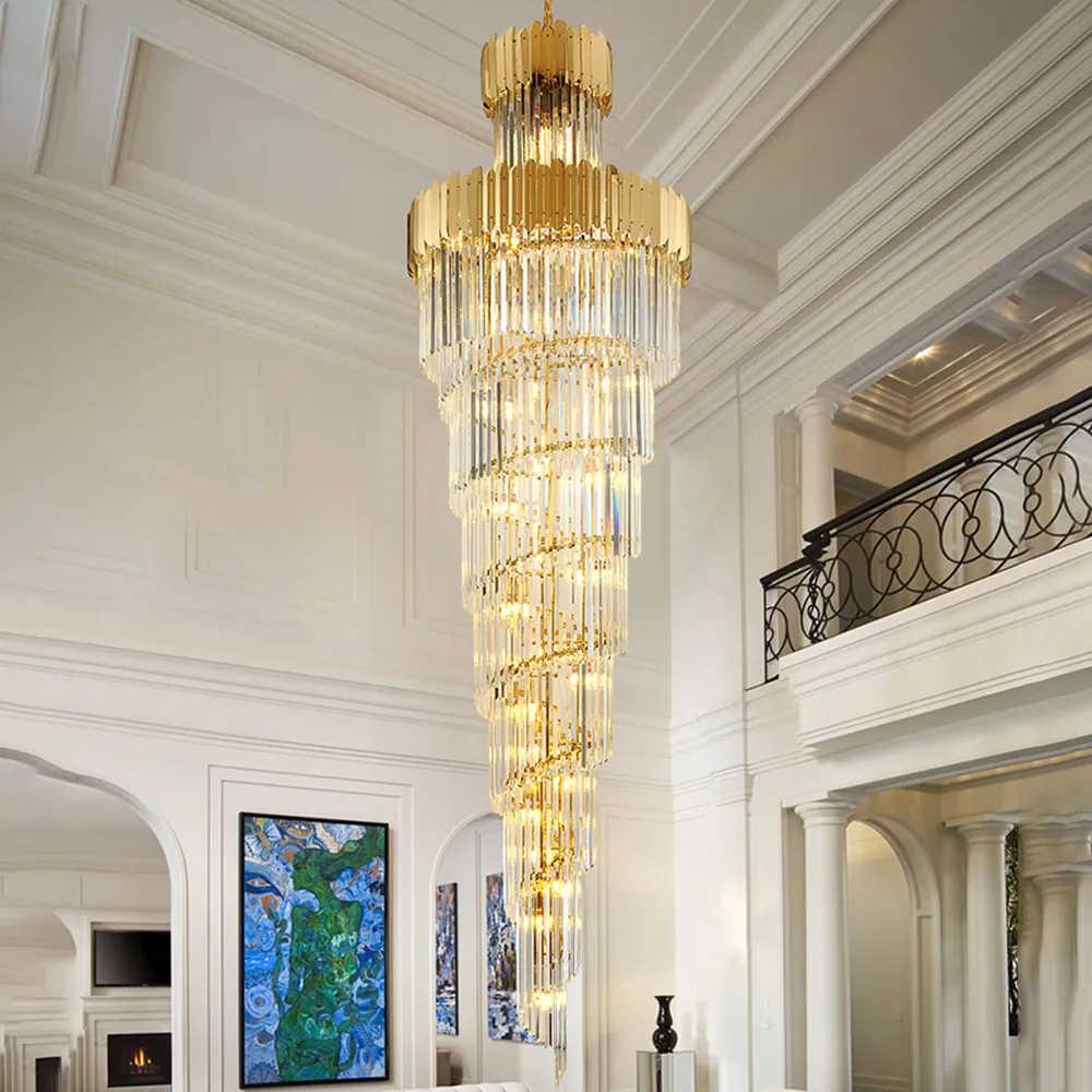 Luxury Staircase Crystal Chandelier Large Modern Rings Design Led Cristal  Lamp Long Villa Lobby Living Room Gold Hanging Light