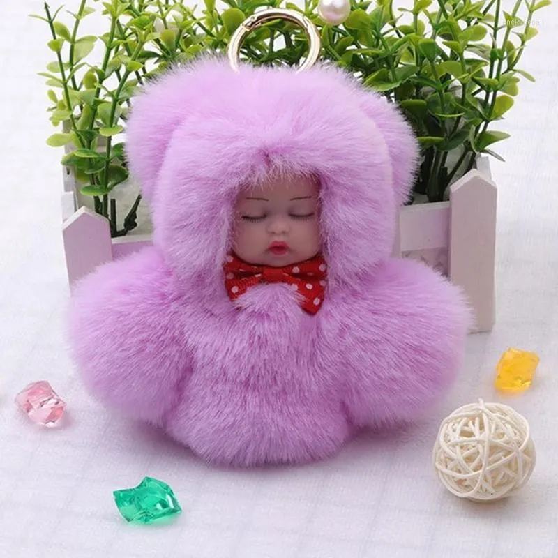 Keychains Fashion Faux Rex Pur Pompom Sleeping Baby Toy Chain Chain Ring Mulher Bolsa Charms Pom Doll Chave Party Gift ENEK22