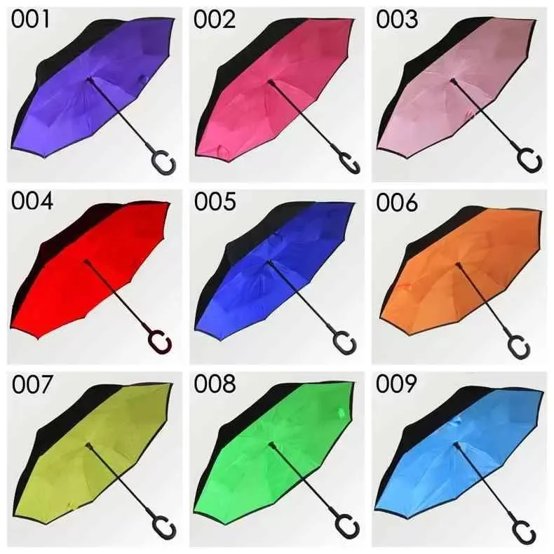 Double Layer umbrella Inverted Outdoor Factory China 8 Ribs Fold Upside Down Fabric Windproof C-Handle Reverse Umbrella with Bag C0H0420