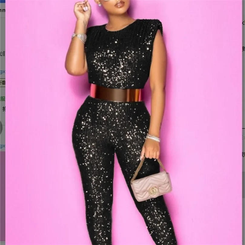 Plus Size Glitter Sequin Sleeveless BodyCon Jumpsuit Sexig Women Club Clothes Luxury Birthday Party Club Outfits Jump Suits 5xl 210709