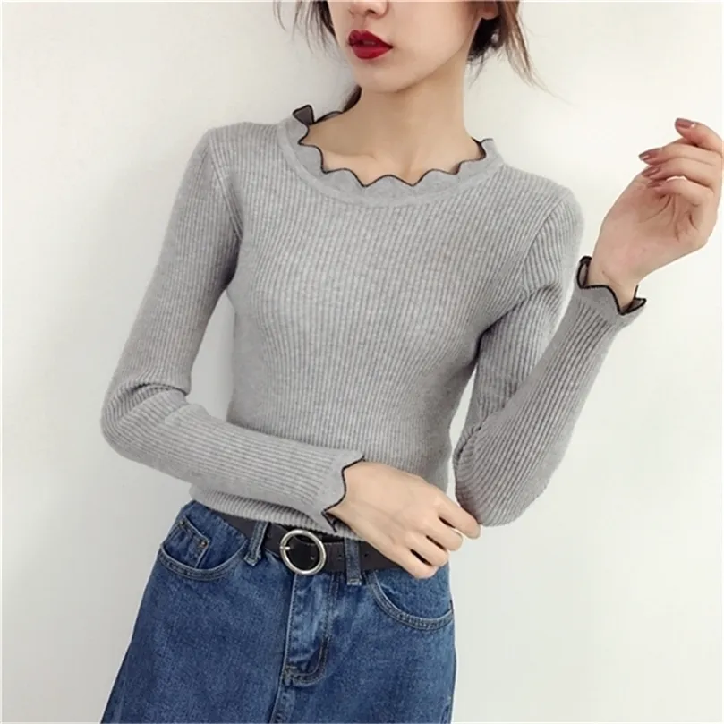 Women Pullovers Slim Thread Bottoming Sweater Lace Low O-Neck Solid Color Sleeve Long Sleeve Sweater Female Fashion Top 201224