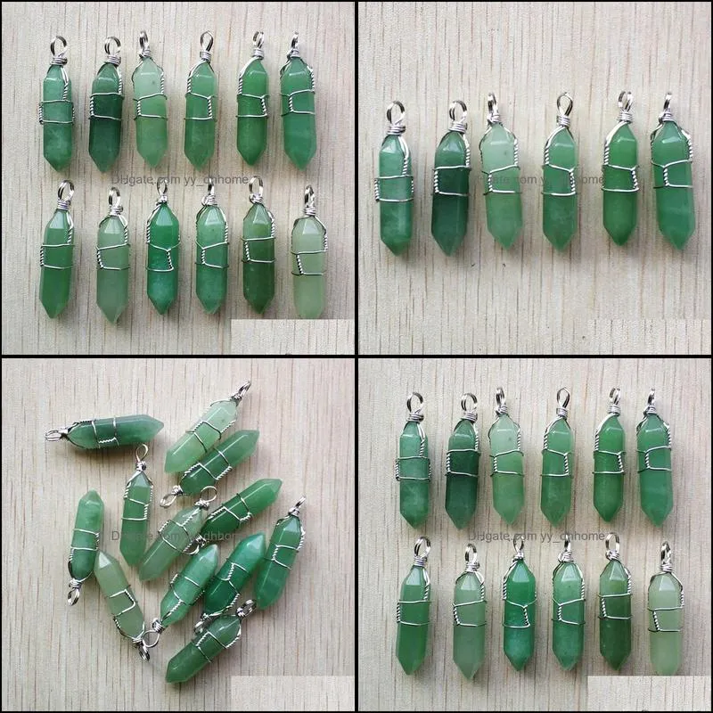 silver color wire wrapped green aventurine pillar charms hexagon pendulum pendant healing crystal stone hangings fashion jewelry making