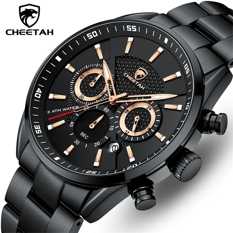Cheetah 시계 최고 브랜드 캐주얼 스포츠 크로노 그래프 남성 시계 스테인리스 스틸 손목 시계 큰 다이얼 방수 석영 시계 220530