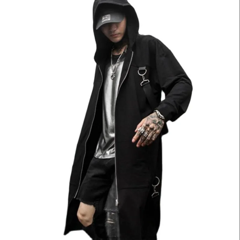 Men's Trench Coats Nightclub DJ singer punk rock hooded trench coat ribbons long jacket stage costume men vintage zipper cloak gothic style cape 220826