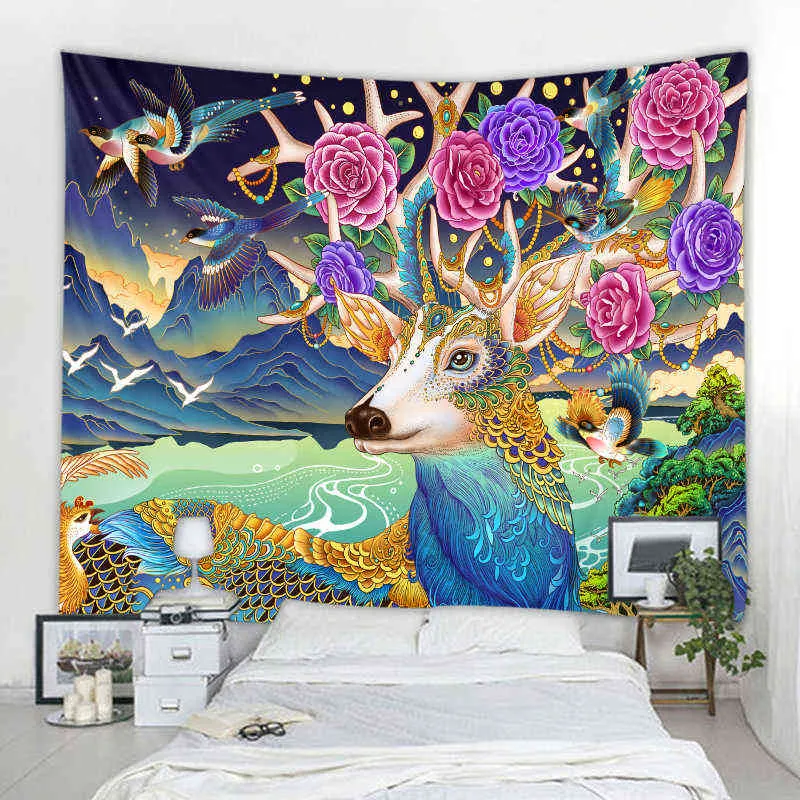 Fantasy Forest Animal Landscape Decoration Background Wall Carpet Nordic Bohemian Hippie Cloth Hanging Home Bedroom J220804