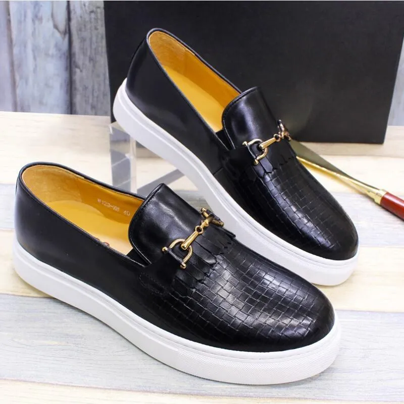 Luxe heren lederen kleding schoenen plat hiel geweven handmatige heren schoen mode loafer platte schoenen zapatos hombre a19