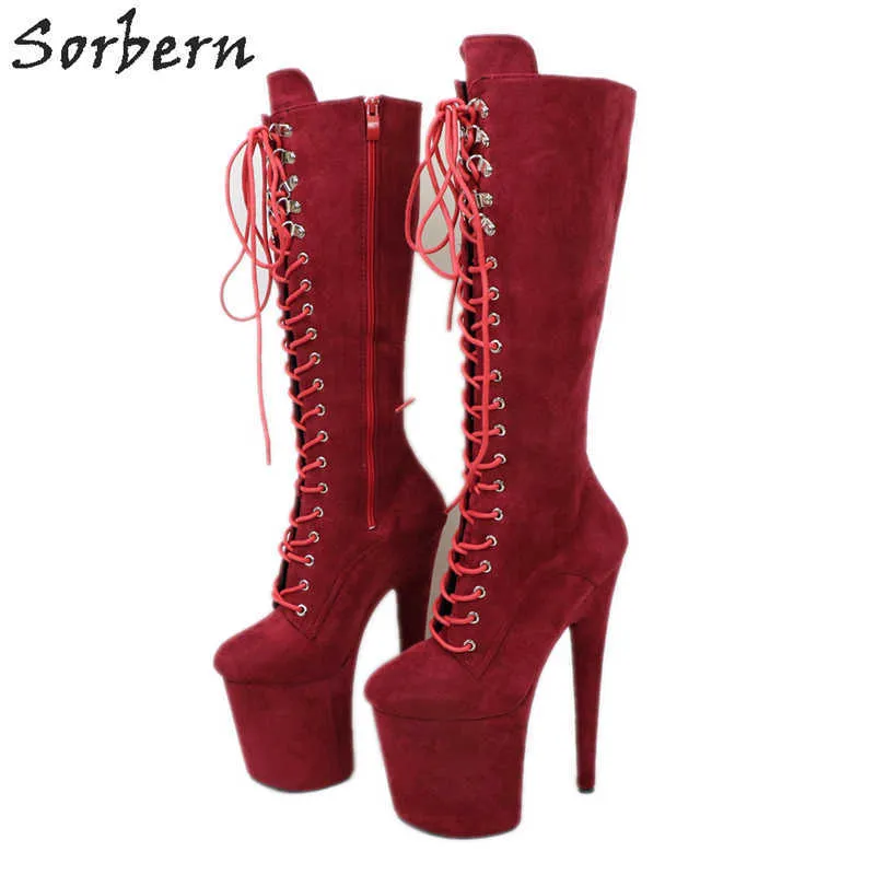 Sorbern Wino Czerwone Kobiety Buty Stripper Heel Mid Calf Boot Extreme High Heel 20 CM Grube Buty Platformy Rozmiar 11 Custom