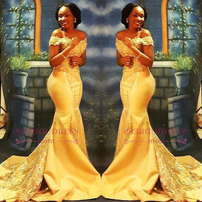 2023 Africain Nigérian Jaune Sirène Robes De Bal Hors Épaules Dentelle Paillettes Satin Robes De Soirée De Bal BA8405 GB1109S