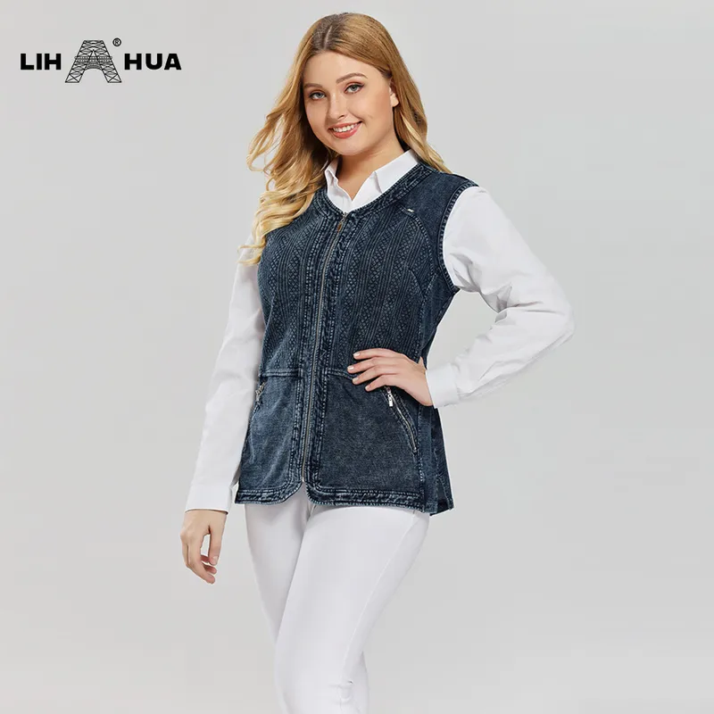 LIH HUA Womens Plus Size casual denim vest stockinet hoge flexibiliteit casual jeans vest gebreide denim ol style 201031