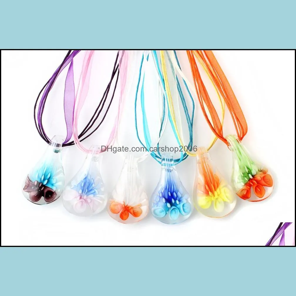 charm waterdrop shape art murano lampwork glass pendant necklace with flowers inside for women girls summer jewelry