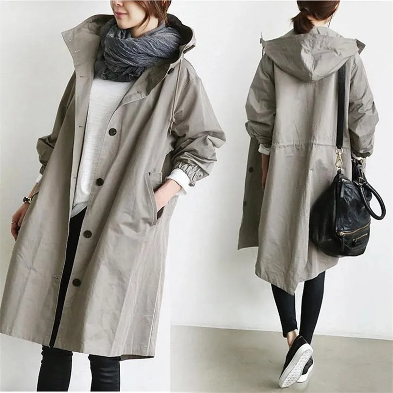 معطف الخندق الموضة أنثى الخريف غير الرسمي الطويل الأكمام المغطى بالغطاء المتوسط ​​المعطف الفضفاض