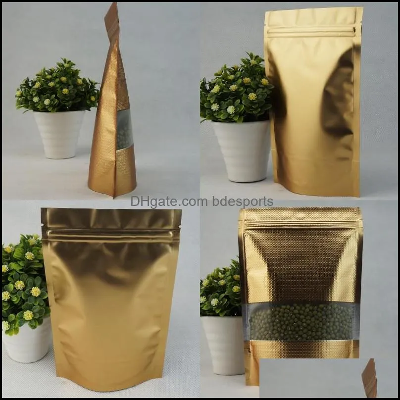 14x20cm Doypack Gold Embossed Bag 50pcs/lot Stand Up Aluminum Foil Zipper Package Bag with Matte Clear Plastic Window 102 S2