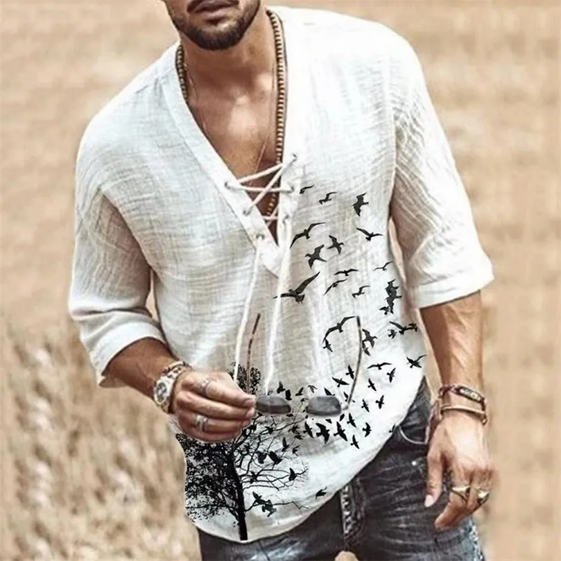 WENYUJH hommes mode Hippie chemise en lin décontracté manches moyennes col en V été plage lâche t-shirt hauts couleur unie t-shirts 220606