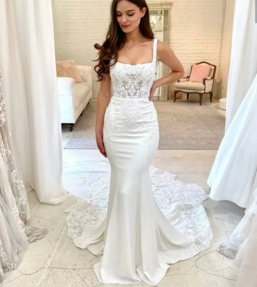 Sereia vestido de noiva branco para mulheres quadrados colarinho laço apliques cetim robe de mariee comprimento de piso vestidos de panela feitos sob encomenda 2022