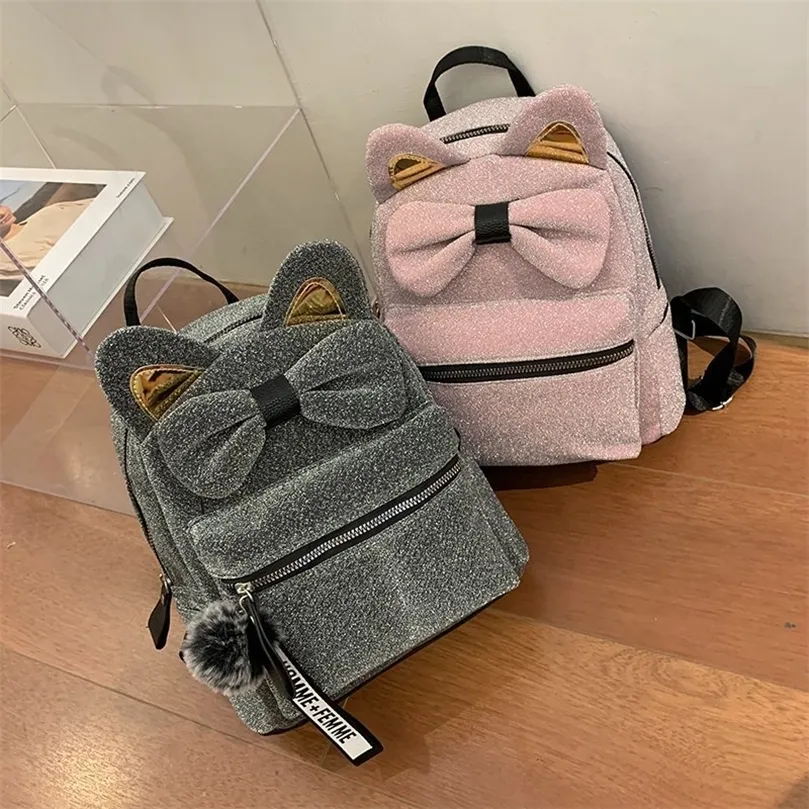 Bowknot School Bags for Teenage Girls Child Book Bags Cattoon Cute Backpack Cat Leisure Bag Animal Shape Mother Package LJ201225