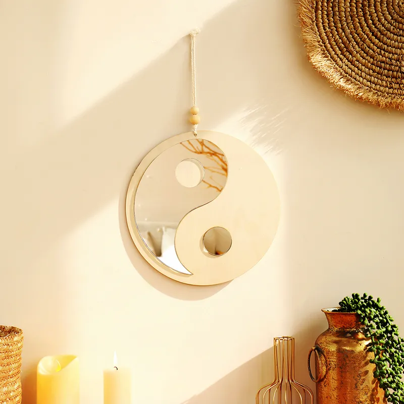 Yin & Yang Wooden Mirror Feng Shui Decoration Home Boho Wood Wall Decor Farmhouse Mirrors for Bedroom Living Room House Gift