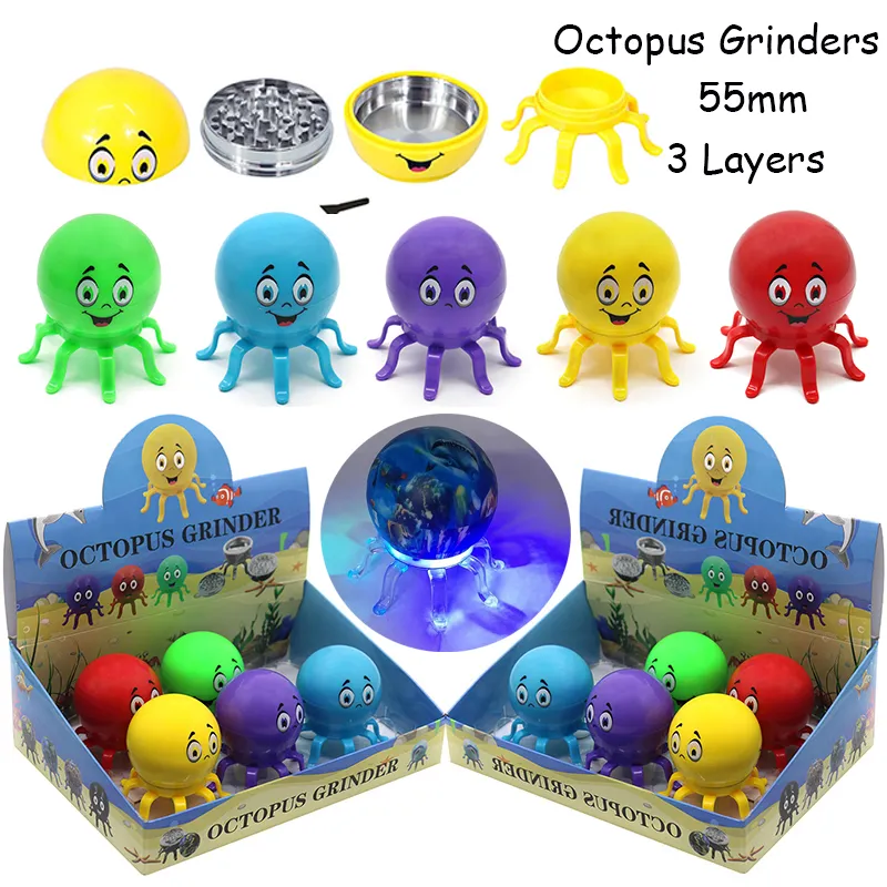Groothandel Octopus Vorm Kruiermolen Rookaccessoires Smile Oceaan met lichte slijpmachines 55 mm OD Diameter 3 lagen Plastic brekers GR358