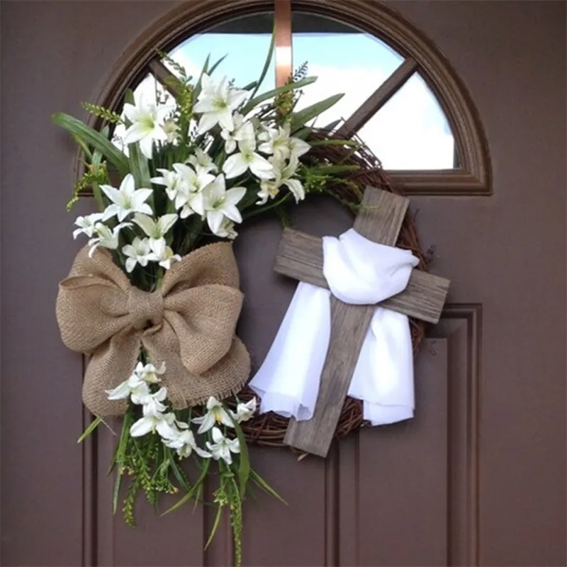 Corona con decoración de primavera cruzada, guirnalda de puerta delantera de Pascua artesanal, colgante de pared para casa, granja, decoración de flores artificiales