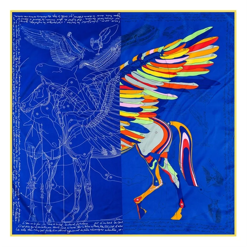 90 cm médiéval Pegasus imprimé sergé foulard en soie femmes carré châle marque Hijab Bandana léopard à la main tête enroulée 220507