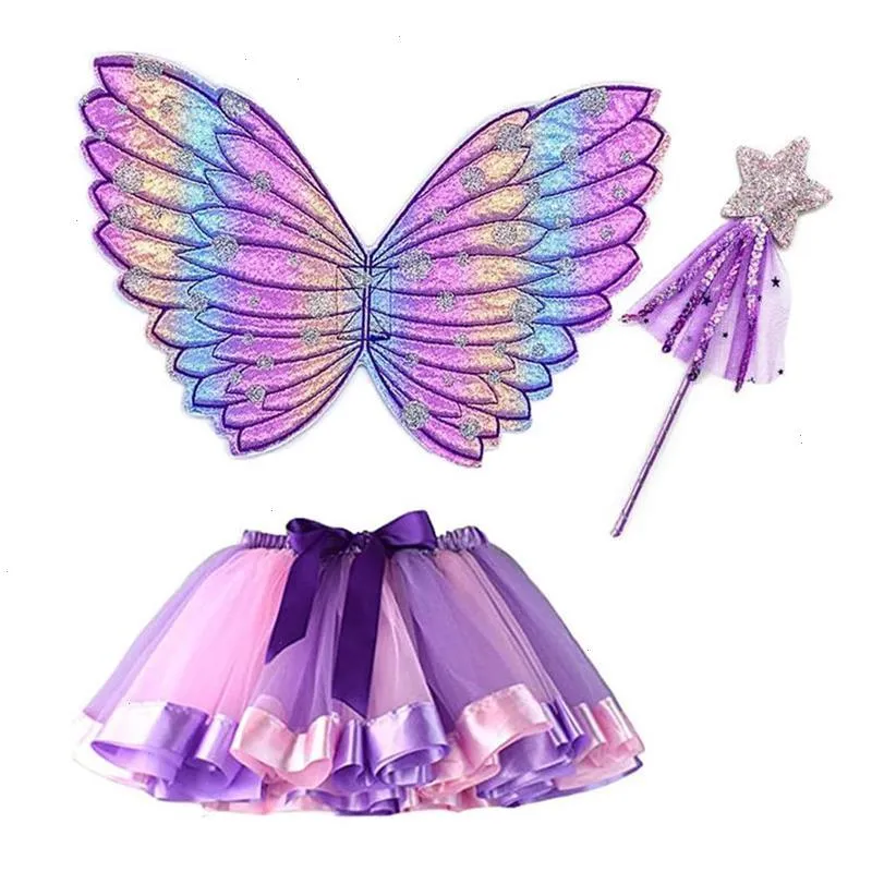 3pcs Weihnachten Halloween Girls Prinzessin Kleid Feenkostüm Set mit Schmetterlingsflügeln Zauberstab für Kinder -Up -Party