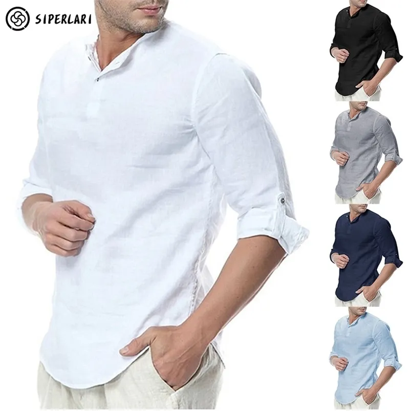 Mens Blusa Algodão Linho Solto Tops Manga Longa Tee Primavera Outono Verão Casual Homens Bonitos Camisa 220726