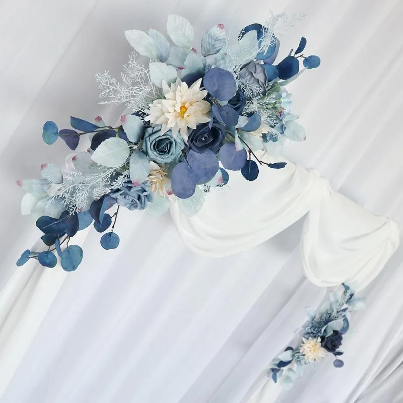 Decorative Flowers & Wreaths 2pcs Blue Artificial Set Wedding Arch Backdrop Fake Flower Row Wall Hanging Corner Party DecorDecorative