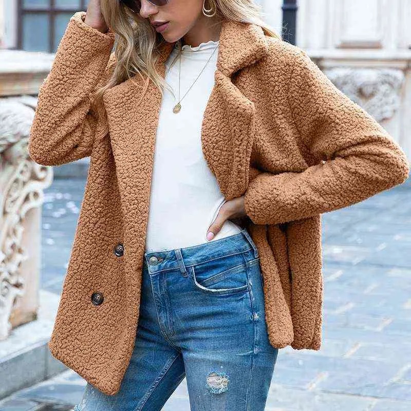 2021 Helt ny grossistknapp LAPEL LOOK FLEECE Sweater Cardigan Sheep Woolen Coat Women Jacket Winter T220714