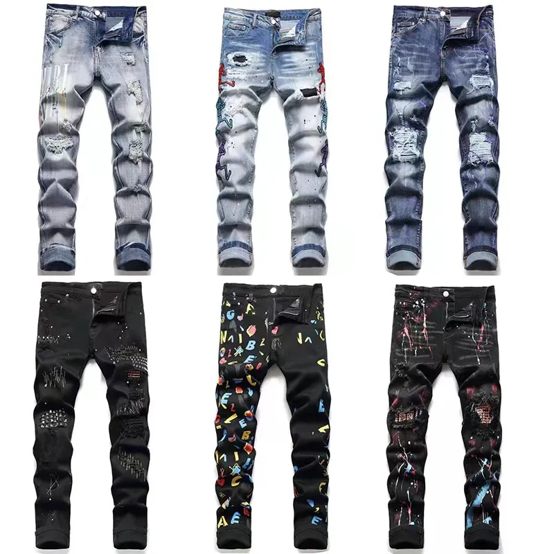 Mens Jeans Ripped Skinny Stretch Biker Denim Slim Fit Hip Hop Pants Men's Pants Asia Size 29-38 High Quality