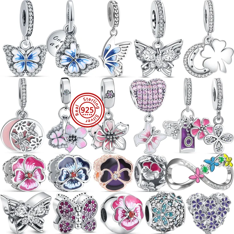 925 Silver bead fit Charms Pandora Charm Bracelet Butterfly Flowers Series Spring New charmes ciondoli DIY Fine Beads Jewelry