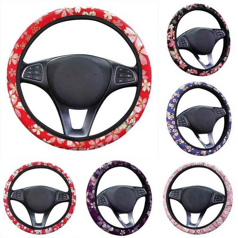 Mujeres Sakura Ciruela Impreso Kintted Car Steering Wheel Cover Floral Car Steering Wheel Case Protector para Lady Car Interior J220808