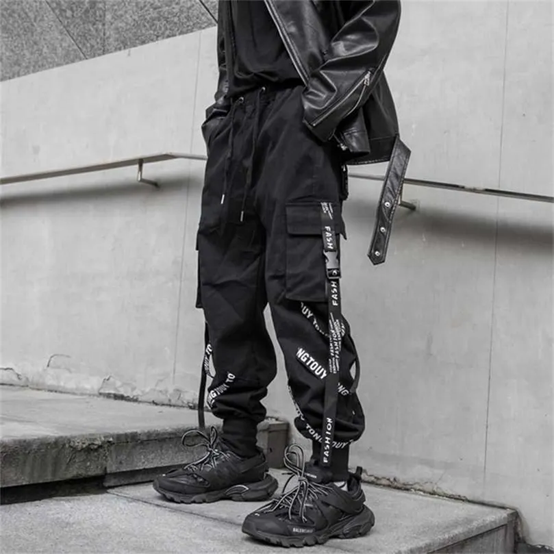 HOUZHOU Black Cargo Pants Men Joggers Cargo Trousers for Men Jogging Japanese Streetwear Hip Hop Hippie Techwear Gothic Ribbon 211013