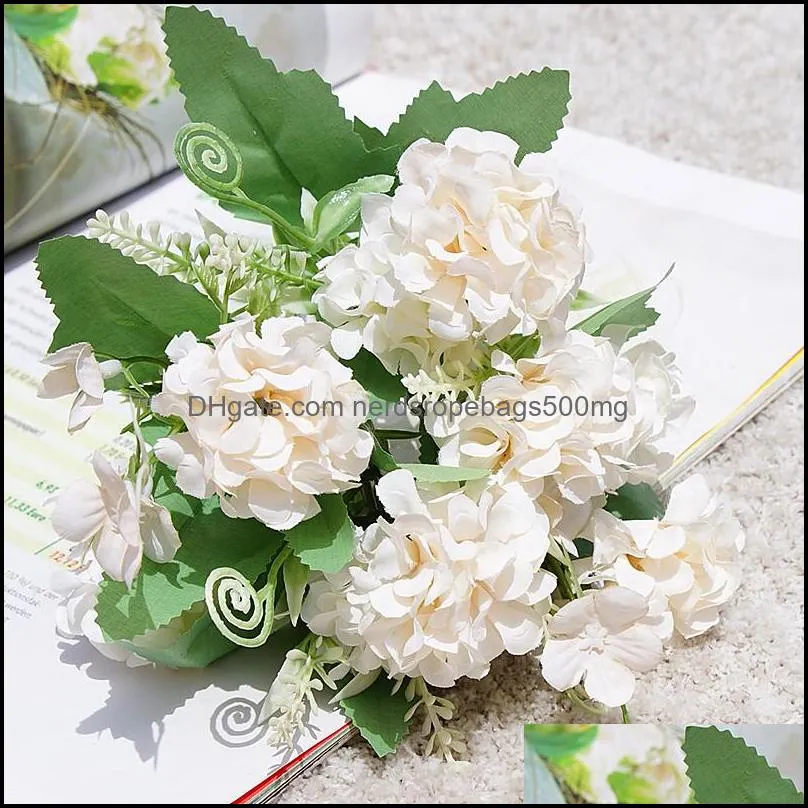 Hydrangea Artificial Flowers 9 Heads Ball Bunch Silk Fake Flower For Weeding Home Decoration Table Hydrangea Small Bouquet 1413 V2