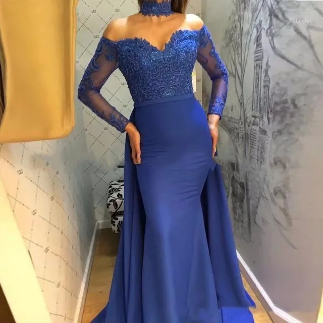 Feestjurken 2022 Saoedi -Arabische koninklijke blauwe zeemeermin Prom Off schouder lange mouwen jurken vestidos de gala elegante avondjurk