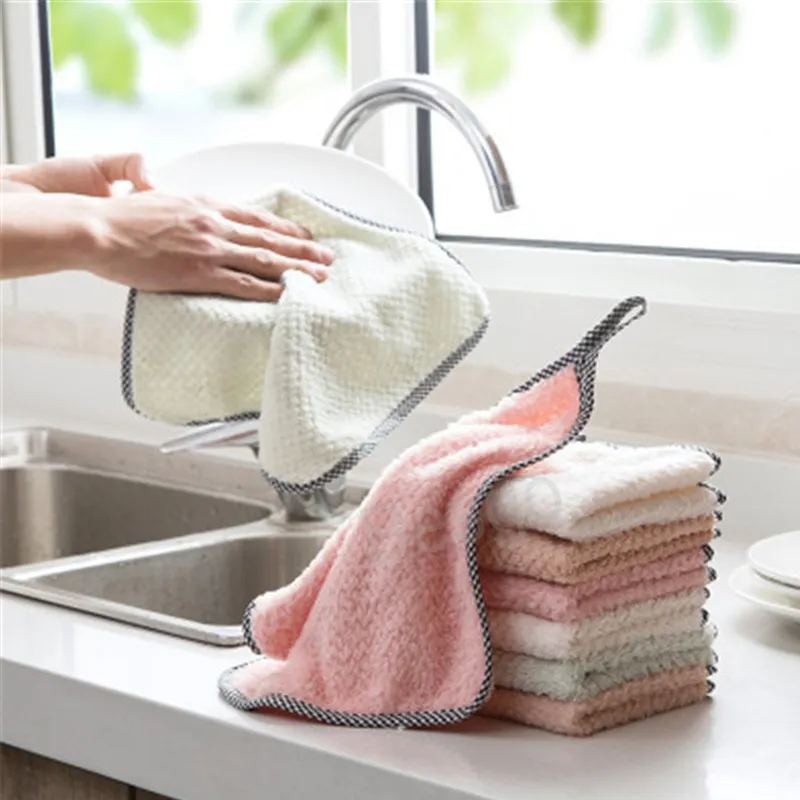 Double Sided Coral Fleece Cleaning Wiping Rags Dishes Cleansing Cloths Super Water Absorption Dishcloth Kitchen Clean Towel BH6293 TYJ