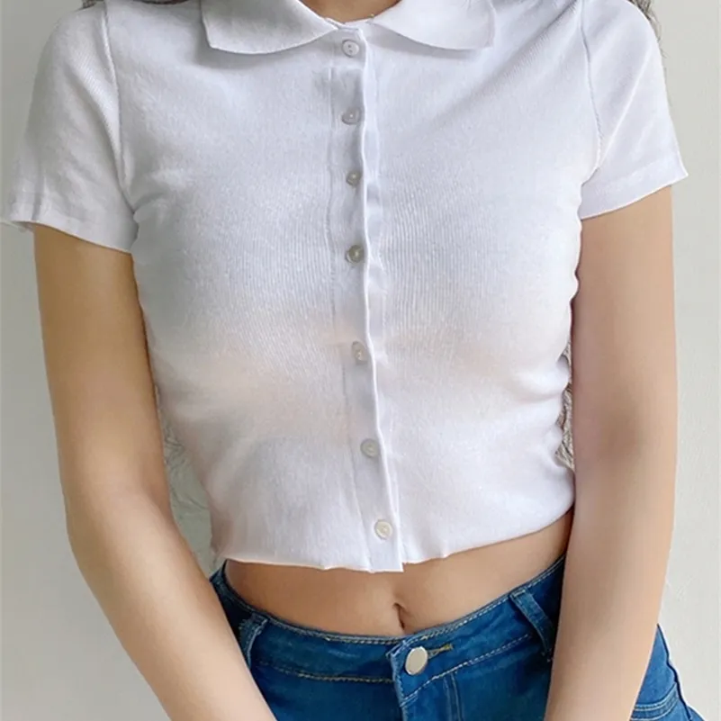Ropter SingleBreasted Cardigans weiß gestrickte Crop Top Y2K Drehen Kragen T -Shirt Kurzarm T -Shirt Frauen Harajuku T -Shirt 220628