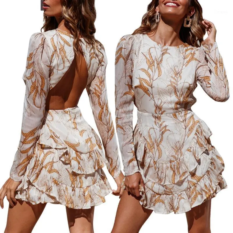 Casual Dresses Women Sexy Backless Dress, Adults Plant Print Long Sleeve Round Neck Layered One-Piece 2022 Arrival