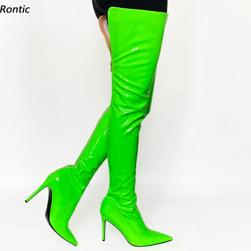 Rontic Frauen Frühling Lange Stiefel Glänzendes Patent Zurück Reißverschluss Stiletto Heels Spitzschuh Wunderschöne Rot Blau Cosplay Schuhe US Größe 5-15