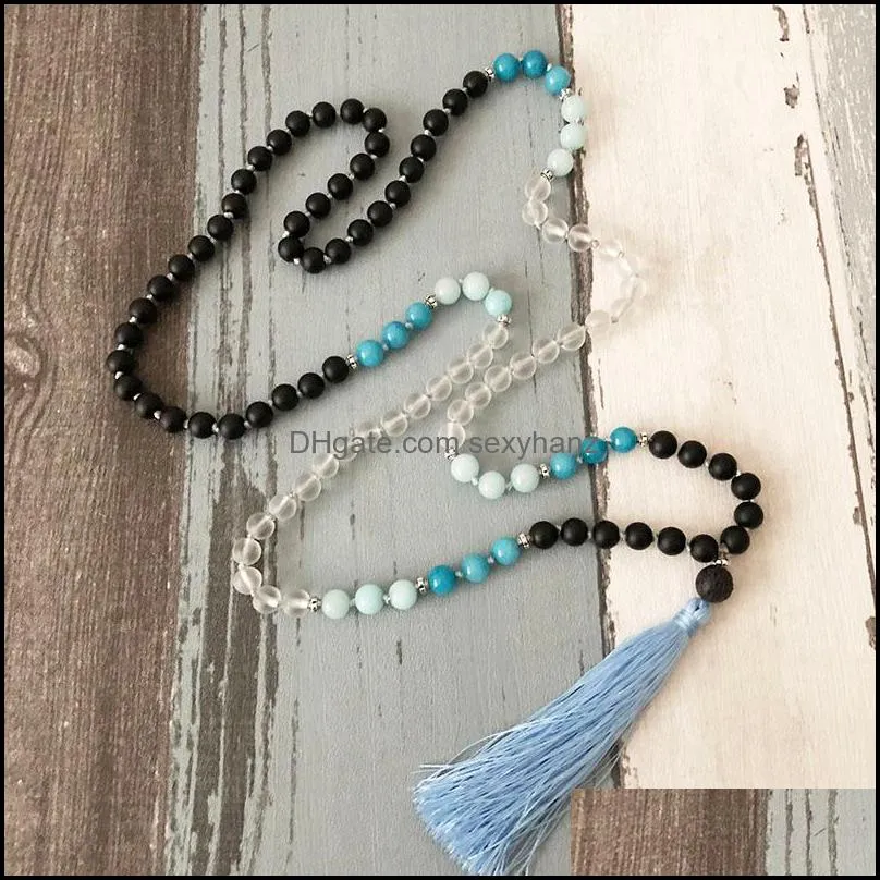 chains hand-knotted mala beads necklace a-quamarine with large lava stone guru bead and silk tassel boho 108 yoga jewelrychains